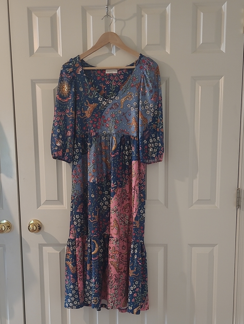 Patchwork Blue and Pink Midi Dress with Celestial and Floral Print